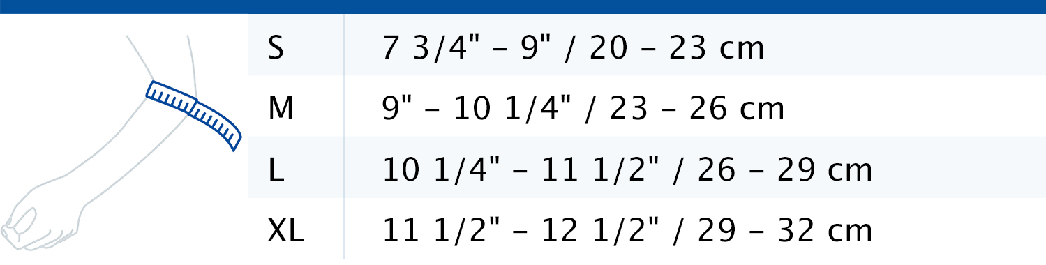 Size chart showing measurements for Actimove Everyday Supports Elbow Support with Pressure Pads and Strap
 Size chart showing measurements for Actimove Everyday Supports Elbow Support with Pressure Pads and Strap